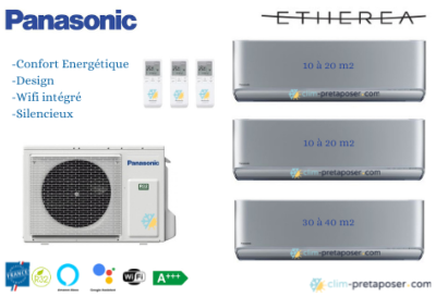 Climatiseurs réversibles TRI split Etherea  CU-3Z68TBE-2XCS-XZ20XKEW-CS-XZ35XKEW Gris argenté PANASONIC