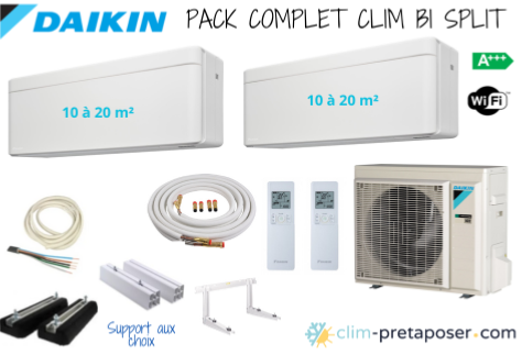 Pack complet prêt à poser STYLISH BLANC DAIKIN bi split 2MXM40A9-2xFTXA20CW, sol/ms 257 Support Sol, Liaisons préchargés 1/4 -3/8 BI SPLIT 2 x 4 m- liaisons préchargées 2 x 1/4-3/8