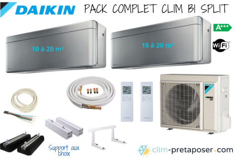 Pack complet prêt à poser STYLISH ARGENT DAIKIN bi split 2MXM40A9-2xFTXA20CS, sol/ms 257 Support Sol, Liaisons préchargés 1/4 -3/8 BI SPLIT 2 x 4 m- liaisons préchargées 2 x 1/4-3/8
