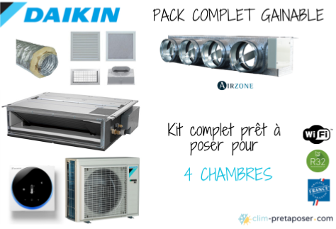 Climatiseur Gainable pour 4 chambres DAIKIN en pack complet, GRILLE DESIGN Composition pack classique, Thermostats couleur Thermostat AIRZONE Couleur Blanc