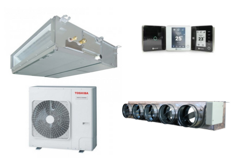 Climatisation Gainable surface de 80 m² à 100 m² TOSHIBA en pack complet, GRILLE DESIGN Composition pack classique, Thermostats couleur Thermostat AIRZONE Couleur Blanc