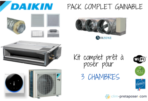 Climatiseur Gainable pour 3 chambres DAIKIN en pack complet, GRILLE DESIGN Composition pack classique, Thermostats couleur Thermostat AIRZONE Couleur Blanc