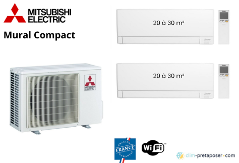 Climatiseur réversible bi-split Mural Compact Mitsubishi MXZ-2F53VF4-2XMSZ-AY25VGK