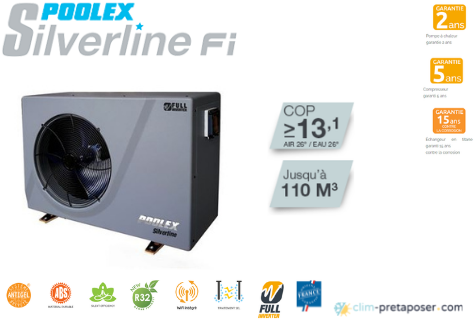 Pompe a chaleur piscine POOLEX SILVERLINE FI- 5 versions- Jusqu'à 110 m3