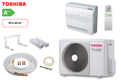 Pack complet clim prêt à poser mono split TOSHIBA CONSOLE DOUBLE FLUX RAS-13J2AVSG-E1-RAS-B13J2FVG-E, Accessoires pour Groupe Extérieur Support Sol, Taille des liaisons frigorifiques Liaison frigorifique 4 m préchargée